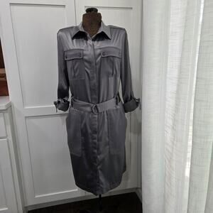 White House Black Market Silver/Gray Shirtdress Belted Pockets Rolled Sleeves 12
